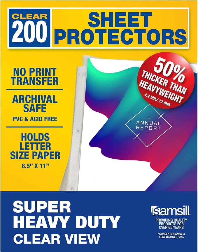 Samsill Sheet Protectors, 8.5x11 Inch Page Protectors for 3 Ring Binder, Super Heavy Duty, Clear Page Protector, Letter Size, Top Loading, Acid Free, 200 Pack by Samsill