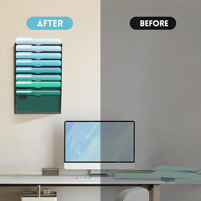 8-Tier Wall File Organizer, Wall Mounted Mail Sorter, 2 Pack | Metal Mesh Hanging File Organizer with Open Compartments and Label Panels for Papers and Folders at Home, Office or School - Image 7