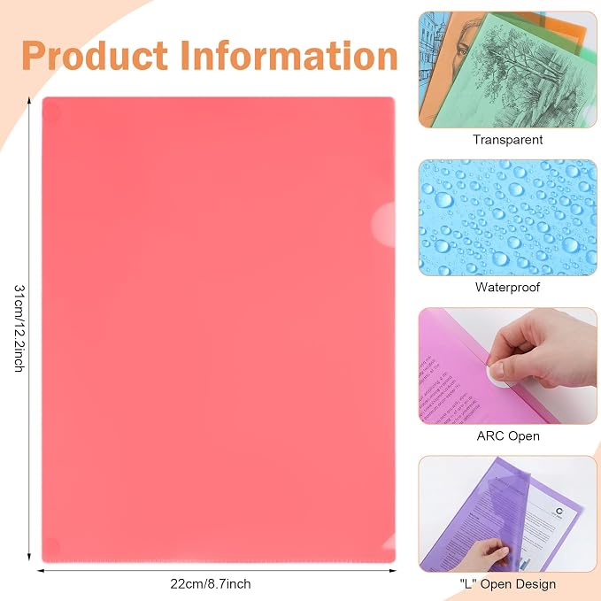 Fainne 300 Pcs Plastic Document Folders Clear File Folders Plastic Pockets Sleeves Letter Size 8.7 x 12.2 Inches A4 Assorted Colors for Office Supplies (Colorful) - Image 3