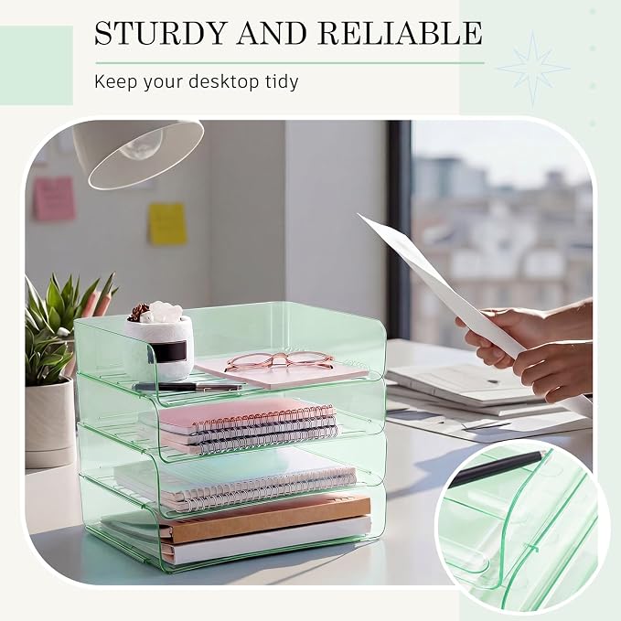 Harloon 4 Tier Clear Sage Green Acrylic Paper Organizer Letter Tray, Aesthetic Stackable Desk File Organizer Paper Holder Office Tray for A4, Modern Office Classroom Home File Pad Books Notes - Image 6