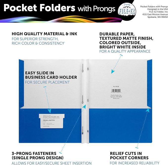 FILE-EZ Two-Pocket Folders with 3-Prong Fasteners, Blue Color, 25-Pack, Durable Textured Paper, Matte Finish, Letter Sheet Size (EZ-92523) - Image 2