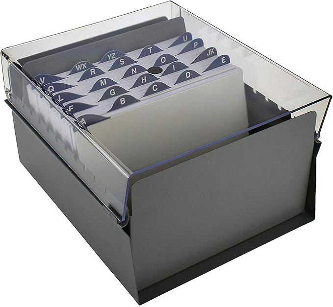 Acrimet 5 X 8 Card File Holder Organizer Box Metal Base Heavy Duty (AZ Index Cards and Divider Included) (Gray Color with Clear Crystal Plastic Lid Cover) | With A-Z Index & Non-Slip - Image 3