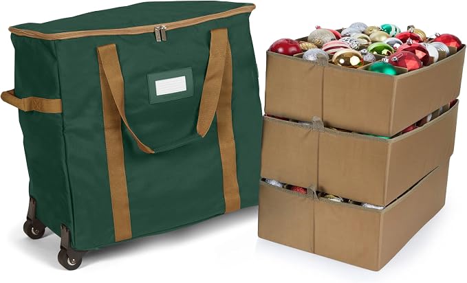 Covermates Keepsakes Rolling Adjustable Ornament Storage Bag – Heavy-Duty Polyester, FlexGrid Trays & Padded Dividers – Protective Holiday Organizer with Wheels, Handles & ID Window, Green by Covermates