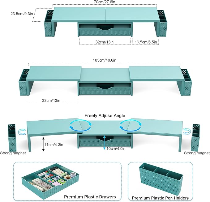 Spacrea Metal Desk Organizers and Accessories, Dual Monitor Stand Riser with Drawer and 2 Pen Holders, Desk Accessories & Workspace Desktop Organizers for Office Supplies (Blue) - Image 5