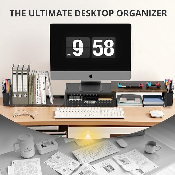 Desk Organizers and Accessories, Dual Monitor Stand Riser with Drawer and 2 Pen Holders, Desk Shelf Computer Racks for Office Workspace Organizers, Desktop Organization (Rustic Brown) - Image 5
