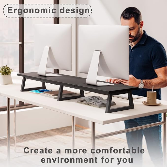 TEAMIX 42 inch Large Dual Monitor Riser, Desk Organizer Stand for TV Laptop | Extra Long Computer Stand Shelf, Wood & Steel TV Riser, Holds 300lbs, Keyboard & PS5 Storage Below, For Home Office & Gaming - Image 2