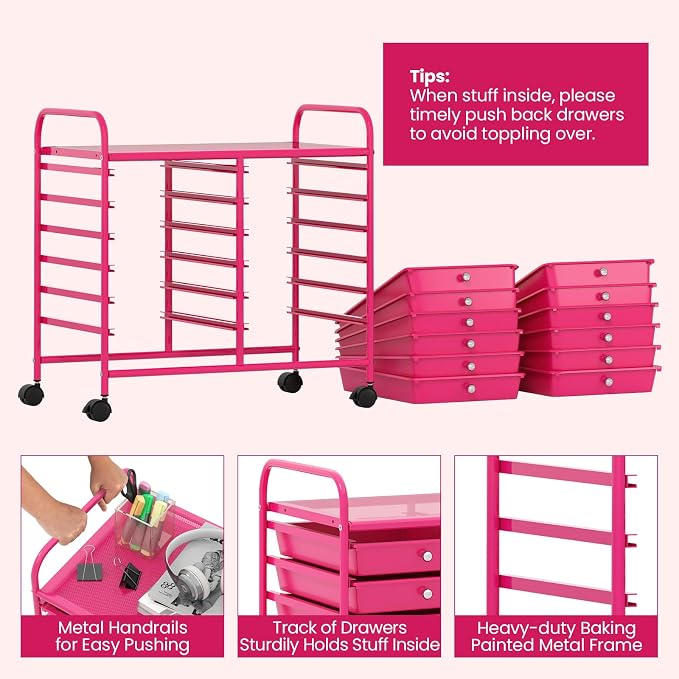 Giantex 12 Drawers Rolling Cart, Mobile Storage Drawer Cart, Classroom Organizer Cart for Office School Supplies Tools Scrapbook Paper Craft Small Printer, Utility Cart on Wheels, Hot Pink - Image 6