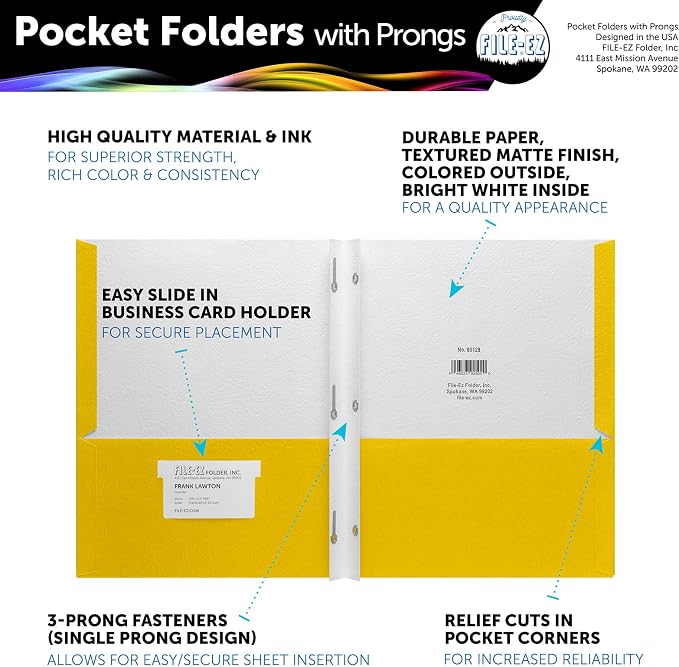 FILE-EZ Two-Pocket Folders with 3-Prong Fasteners, Yellow Color, 25-Pack, Durable Textured Paper, Matte Finish, Letter Sheet Size (EZ-92570) - Image 2
