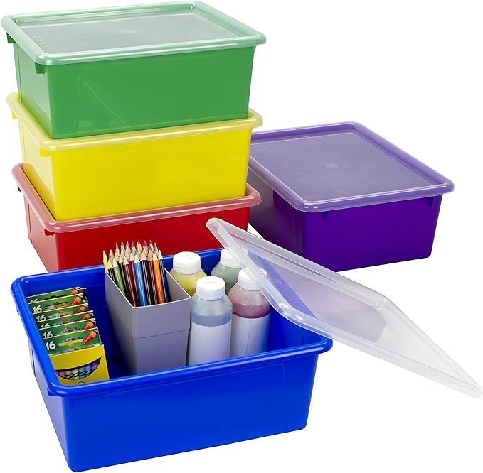 Storex Letter Size Deep Storage Tray – Organizer Bin with Non-Snap Lid for Classroom, Office and Home, Assorted Colors, 5-Pack (62542A05C) by Storex