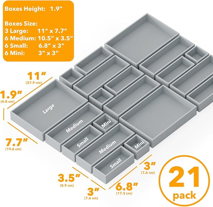 SpaceAid 21-Piece Bamboo Drawer Organizer Storage Boxes Set, Wood Tray Junk Drawer Organizers Multi-Use Divider Bins for Kitchen, Bathroom, Office Desk and Makeup Organization (21 Pack, Gray) - Image 3