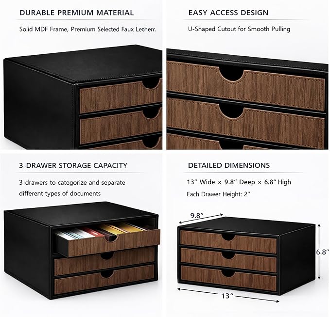 UnionBasic Document Organizer, 3-Drawer File Cabinet Document Storage Box, Office Desktop Filing Organizer, Black with Wood Grain Drawers - Image 4