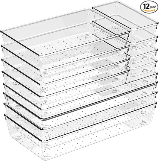 12 Pack Large Drawer Organizer Bins - Clear Plastic Bathroom Drawer Organizer Trays - Heavy Duty Kitchen Drawer Dividers for Utensils - Non-Slip Storage Bins for Makeup, Bedroom, Office Desk by CHOWAY