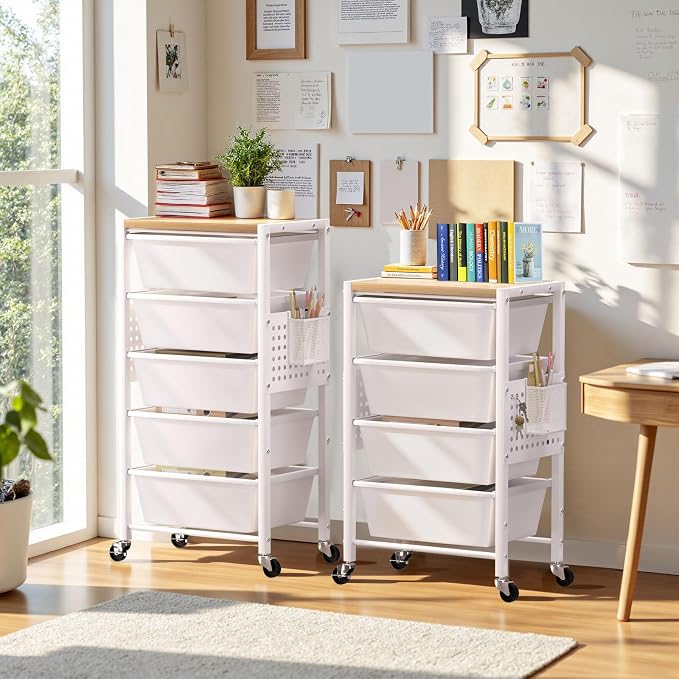 Rolling Cart with 4 Drawers, Plastic Drawer Storage Carts with Wheels & Wooden Tabletop, Metal Utility Cart with Pegboards, Office Living Room Classroom Craft Organization and Storage, Bright White - Image 2