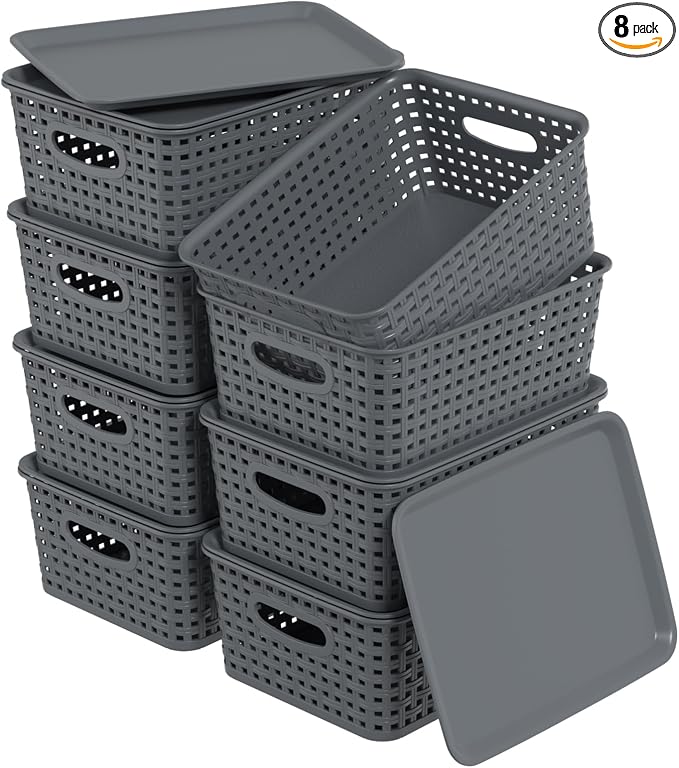 Zopnny 8 Pack Plastic Shelf Organizer Baskets, Small Storage Bins with Lid | Woven-Style Baskets with Lids, Stackable Space-Saving Design, Gray, Ideal For Pantry, Closet, Bathroom by Zopnny