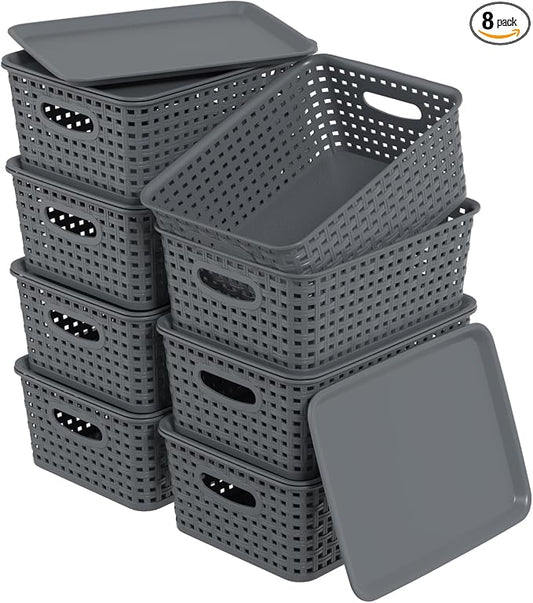 Zopnny 8 Pack Plastic Shelf Organizer Baskets, Small Storage Bins with Lid | Woven-Style Baskets with Lids, Stackable Space-Saving Design, Gray, Ideal For Pantry, Closet, Bathroom by Zopnny