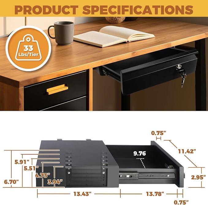 POPMOON 14 in Deep Under Desk Drawer Lockable, Pull Out Storage Organizer | Carbon Steel Under Table Drawer with Lock & Key, Adjustable Height Under Desk Drawer Slide Out Smooth Slide Rails,Hold 33 lbs - Image 2