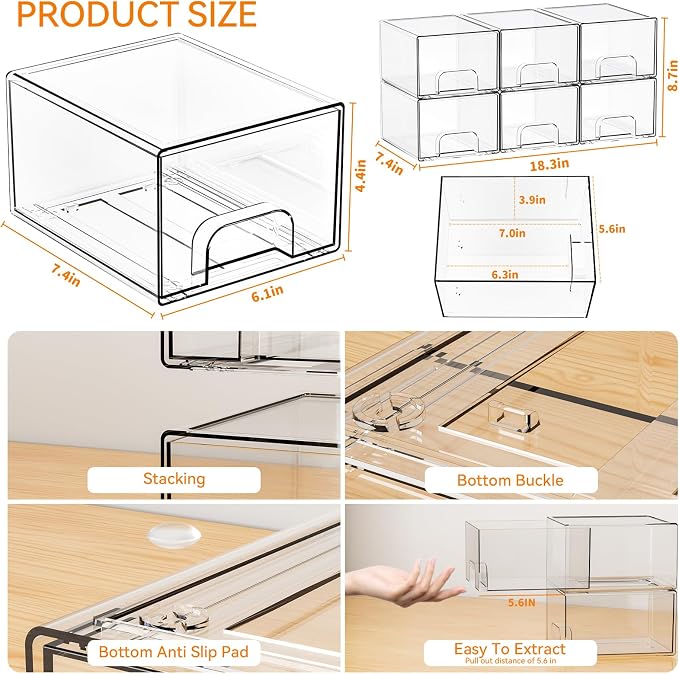 6 Pack Small Stackable Storage Drawers,4.4 Inch Tall Stacking Acrylic Clear Storage Bins for Bathroom Vanity,Undersink,Pull Out Drawer Organizers for Beauty,Makeup,Medicine Cabinet Organizers - Image 3