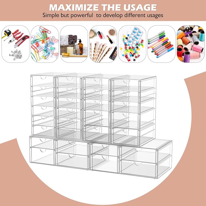 4-Pack 22-Drawer Acrylic Storage & Makeup Organizer for Desk | Smooth-glide drawers, clear acrylic, stackable, dustproof, wipe clean, for office supplies, pens, paper clips, thumb drives - Image 5