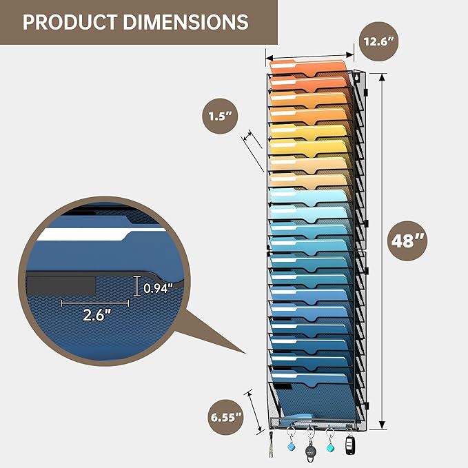 21-Tier Hanging Wall File Organizer with Hooks for Office Organization | Mesh Wall File Holder, Mail Organizer Wall Mounted for Papers, Documents, Folders and Magazines in Home Office, Classroom - Image 4