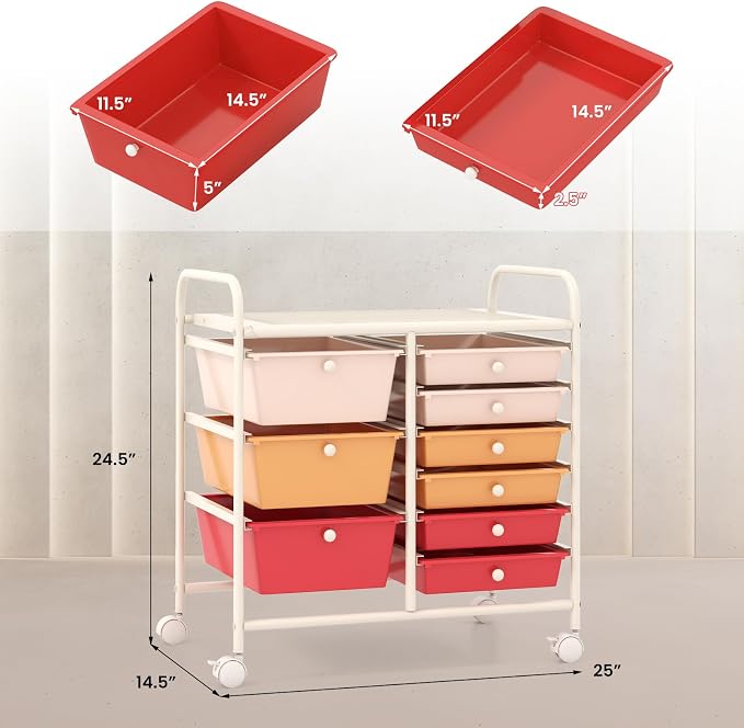Moccha 9-Drawer Rolling Storage Cart - Under Desk Storage Drawers with wheels for Craft Art Supply Paper Salon, Scrapbook Paper Tools, Mobile Utility Cart for Classroom, Macaron - Image 3