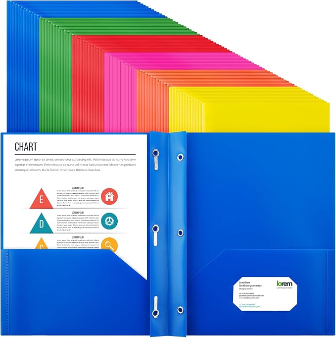 Cholemy 72 Packs Pocket Folders with Prongs Heavy Duty Plastic Folder with Business Card Slot 3 Prong Fasteners for School Office (Vivid) by Cholemy