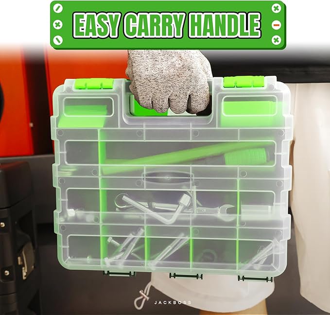 Jack Boss Tool Box with Transparent Lid, Double Side 34-Compartments Organizer Box with Removable Dividers for Hardware, Screws, Bolts, Nails, Beads, Jewelry and Fishing Accessories, Green, 2 Pack - Image 7