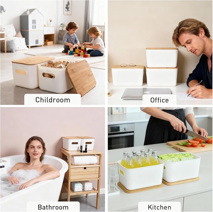 Citylife Storage Bins with Bamboo Lids 7QT Plastic Storage Containers Stackable Organizer Boxes with Handle for Desk Snacks, Toys, 2 PCS, 10" L x 7" W x 5.8" H - Image 7