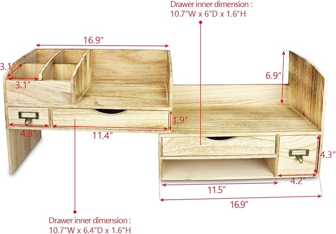Ikee Design Large Extendable Wooden Desktop Organizer For Office Supplies | EXTENDABLE DESK ORGANIZER: Wooden shelf with compartments for books and office supplies; 17.25"W x 7.5"D x 12"H. - Image 3