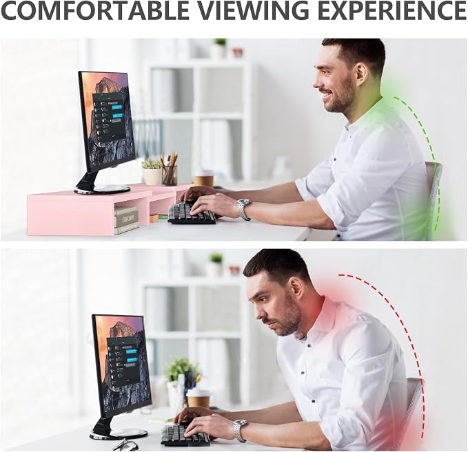 TAVR Dual Monitor Stand Riser, Wooden Computer Monitor Stand for 2 Monitors | Extra Long Multifunctional Desktop Organizer Riser for TV, PC Monitor, Laptop, Printer, Max 43.3" Length, Pink - Image 3