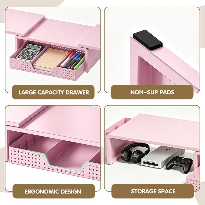 LEKETREE Dual Monitor Stand Riser with Drawer, Desk Organizer and Accessories, Monitor Stand for Desk, Desktop Stand for Computer, Laptop, TV and More (Pink) - Image 6
