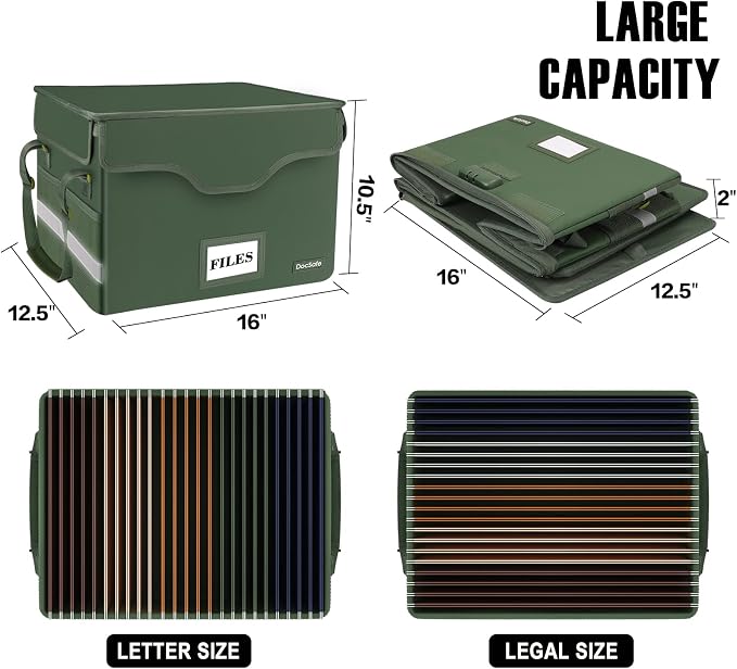 DocSafe Fireproof Document Box with Lock,File Storage Organizer with Pockets,Collapsible Portable File Box Home Office Safe Filing Cabinet with Handle for Hanging Letter/Legal Folders,Green,2 Pack - Image 5