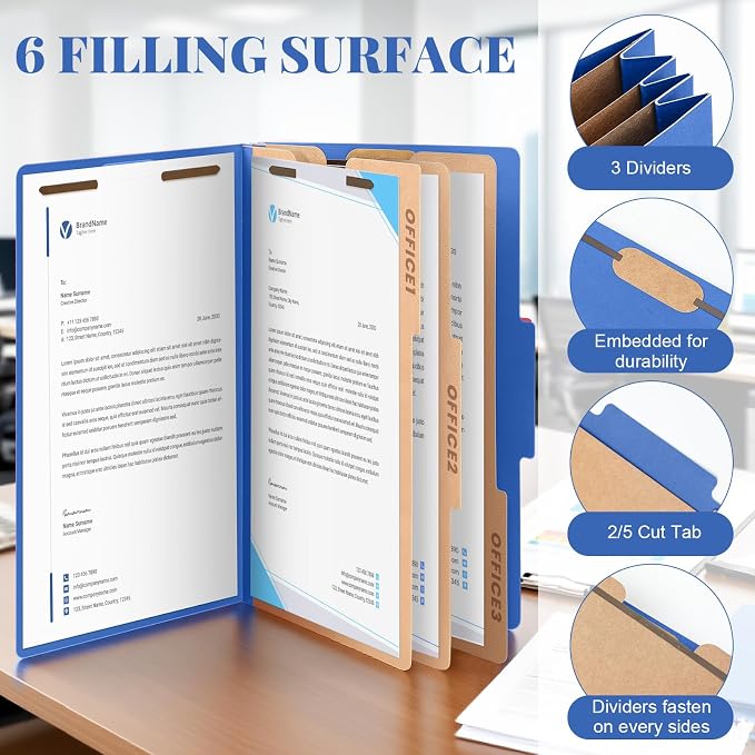 AmazingSpark 18 Pcs 3 Dividers Legal Size Classification Folders Bulk Pressboard File Folder with Expansion 2 Prongs Fastener Heavy Duty Office File Organizer for School Hospitals Home (Dark Blue) - Image 3