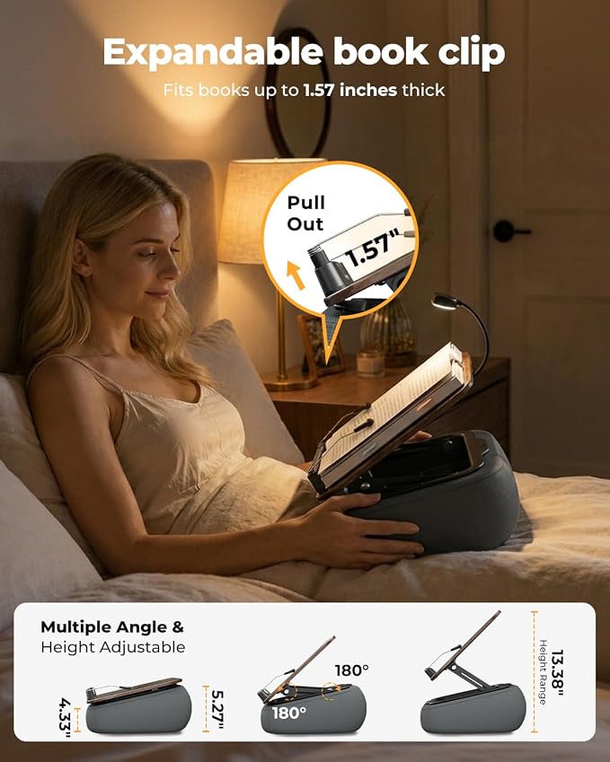 Lap Beanbag Book Stand with Storage, Adjustable Reading Pillow for Bed & Desk, Multi-Angle Book Stand Pillow Holder, Hands-Free Lap Reading Stand for Book,iPad, Tablet (Dark Wood with Light) - Image 6