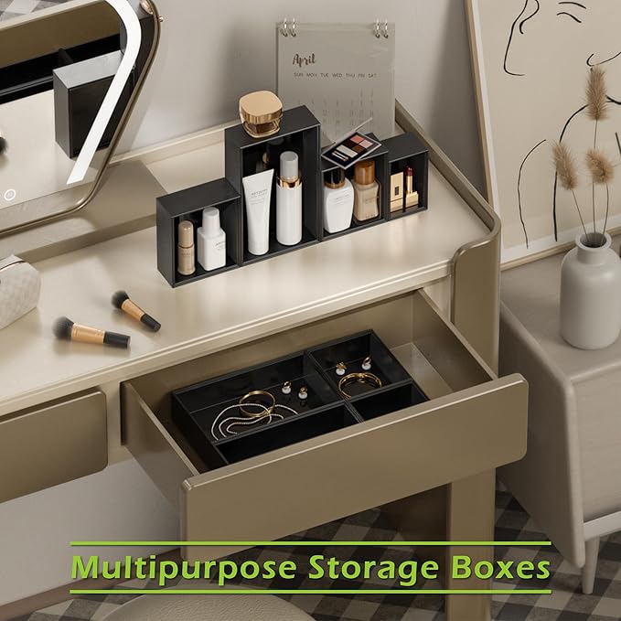 Bathroom Drawer Organizer Trays, Bamboo Drawer Organizer Kitchen Utensils Silverware Organizer, 8 PCS Wood Box Stackable Bins for Makeup, Office Desk, Junk Drawer (Black) - Image 3