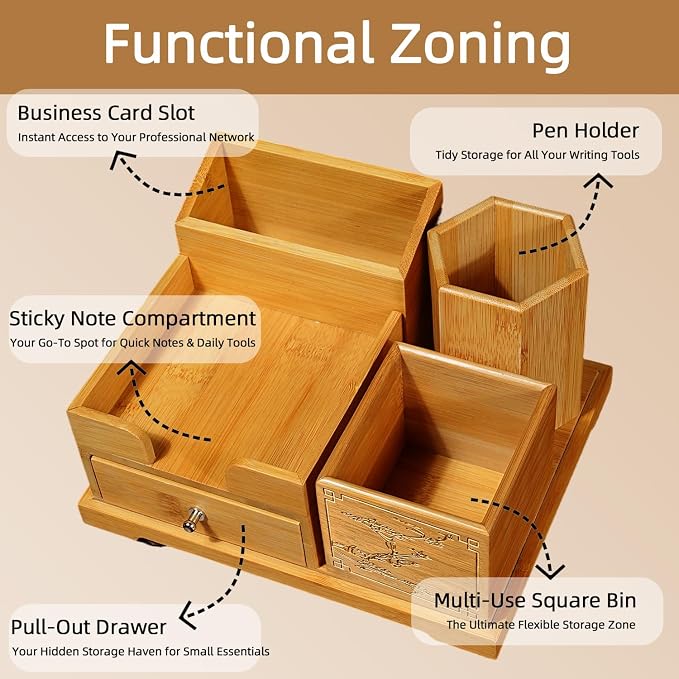 Bamboo Desk Organizer with Drawer & Pen Holder, Office Desk Caddy Storage | Natural Bamboo Wooden Desk Organizers and Accessories with Drawers Multi-Compartment Desktop Storage for Office Home Supplies - Image 7