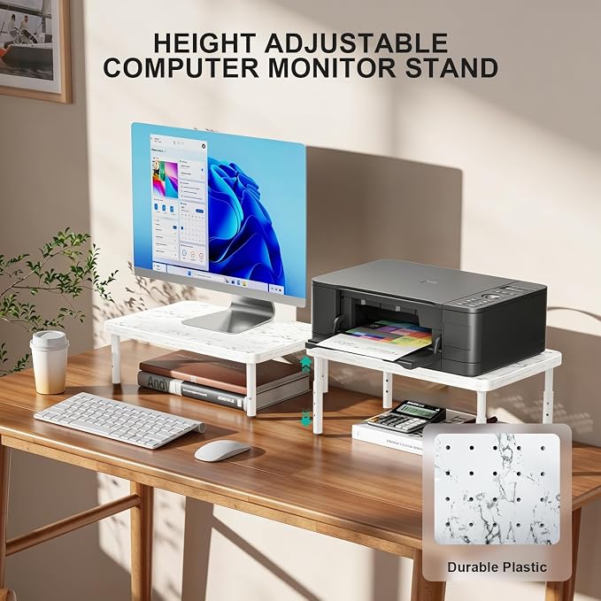 WALI Computer Monitor Stand for Desk, Adjustable Laptop Riser, up to 44 lbs | Desk Monitor Riser Underneath Storage, Fits Notebook, Laptops, Printers, for Home, Office, School(PTT001-M), Marble - Image 3