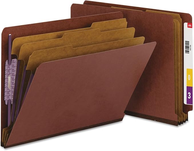 Smead 100% Recycled End Tab Pressboard Classification File Folder with SafeSHIELD Fasteners, 3 Dividers, 3" Expansion, Letter Size, Red, 10 per Box (26865) - Image 4
