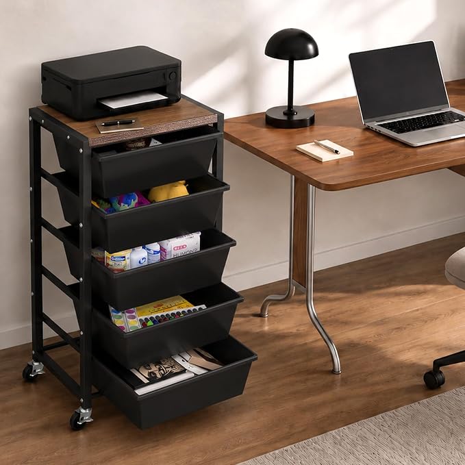 Rolling Cart with 5 Drawers, Plastic Drawer Storage Carts with Wheels & Wooden Tabletop, Metal Utility Cart for Office Bedroom Living Room Classroom, Craft Organization and Storage, Black - Image 2
