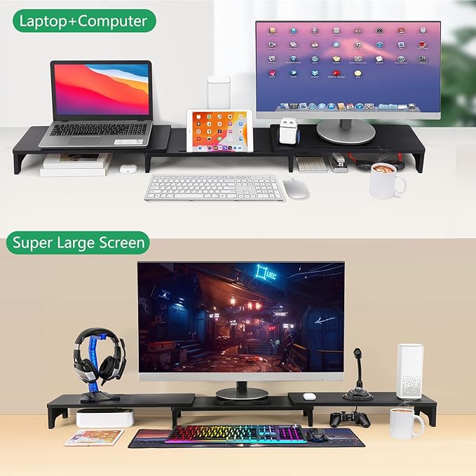 Nnewvante Monitor Stand Riser, 60 inch Bamboo Triple Monitor Stand for Desk | Black, Adjustable Length Angle, 3 Shelves Desktop Screen Riser, For Computer Laptop PC - Image 6