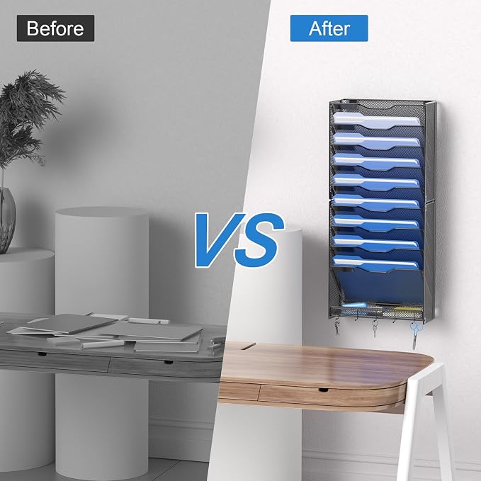OUTWOLF 10 Tier Hanging Wall File Organizer Wall Mount Paper Document Folder Holder with Hooks for Home Office Organization - Image 6