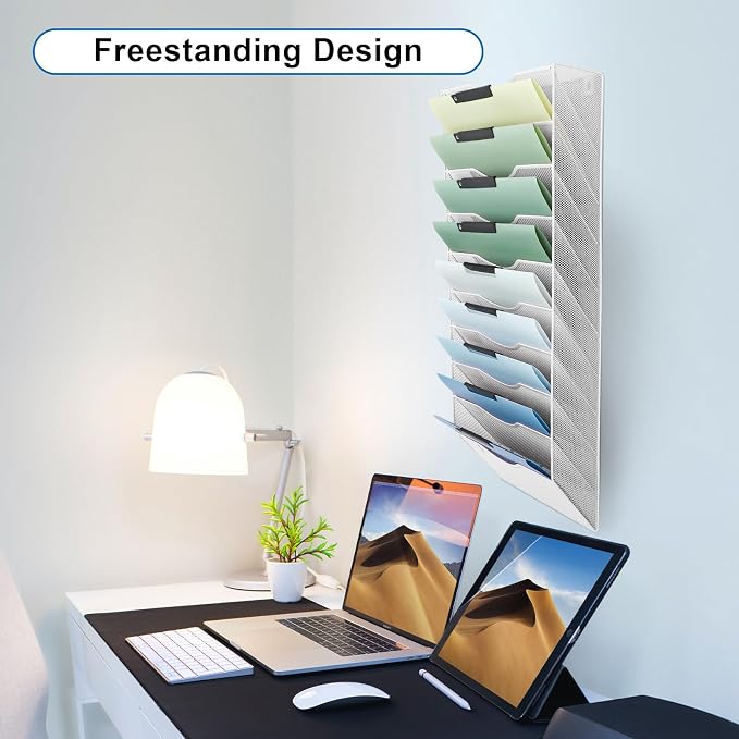 10 Pocket Mesh Hanging Wall File Organizer, Wall Mounted Mail Paper Document Folder Holder, Clipboard Storage Organization Magazine Rack with Nametag Label for Office Home School, White - Image 7