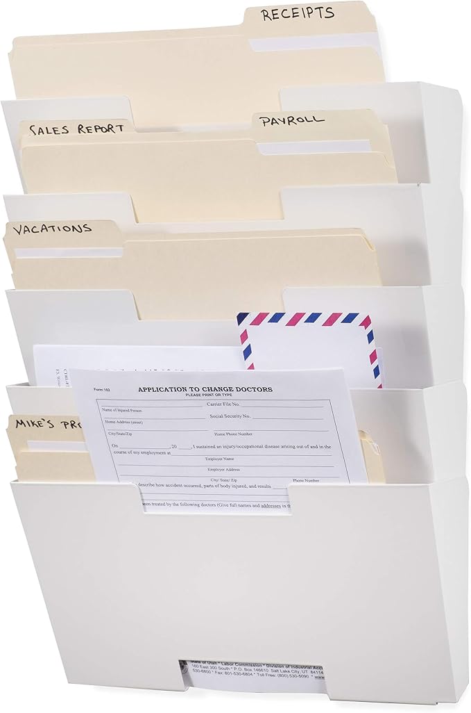 Wallniture Lisbon Metal Wall File Holder Organizer, Wall Mount File Holder, 5-Tier Office Decor and Magazine Holder, File Folders Letter Size White Rack by Wallniture