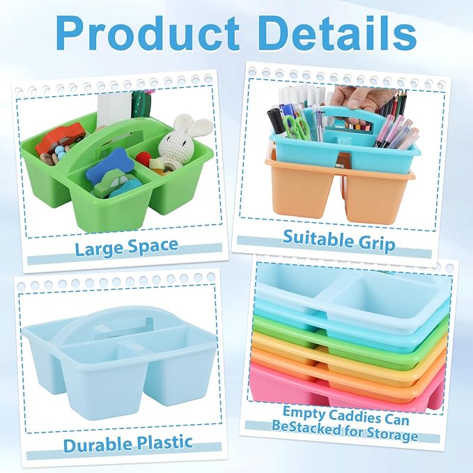 6 Pack Assorted Colors Classrooms Caddy 4 Compartment Classroom Caddy Compartment Caddies Set Table Caddies Classrooms with Handle for Classroom Organization Table Desk Office Supplies(Pastel) - Image 3