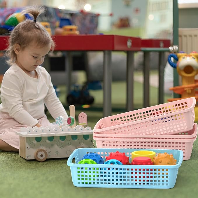 12 Pack Classroom Storage Baskets 15''x10''x3'' Large Plastic Paper Trays with Handle Letter Size A4 Paper Toy Basket Turn in Trays for Library Office Desk Drawer Organizing (12, Pastel Color) - Image 6