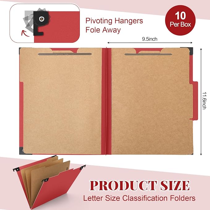 Henoyso 10 Pcs Hanging Classification Folders with Prongs, 3 Divider/ 8 Section, Letter Size, 8 Fasteners, 4 Inch Expansions, 1/3-cut Tab Pressboard File Folder for Office School Medical(Dark Red) - Image 2