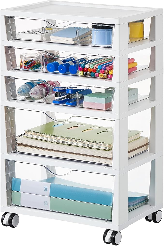Vtopmart 5-Tier Plastic Drawer Storage Rolling Cart with Wheels | Clear Drawers with Multiple Sizes Keep Supplies visible. Sturdy for Under Desk, Office, Makeup , Crafts & Art Storage by Vtopmart