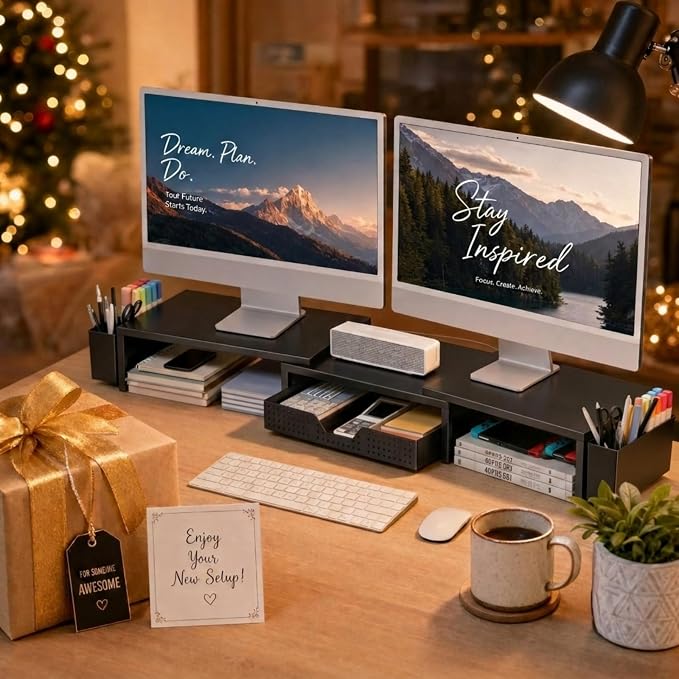 Desk Organizers and Accessories, Dual Monitor Stand Riser with Drawer and 2 Pen Holders, Desk Shelf Computer Racks for Office Workspace Organizers, Desktop Organization (Black) - Image 9