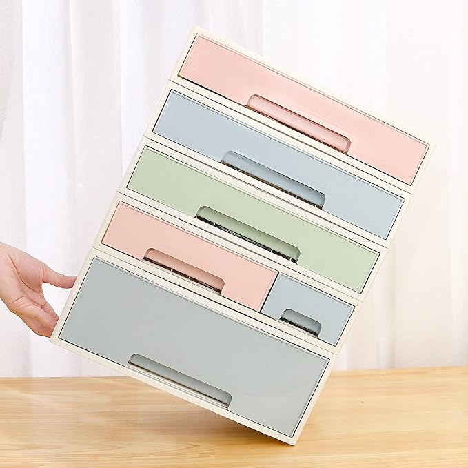 Makeup Organizer, Cosmetic Storage Box, [TCDF-09] Desktop Stationery, Remote Control Storage Box, Kitchen Spices Organizer Box, 4 Pieces 4 Drawers, 5 Slots, Blue, Pink and Green Assortment - Image 3