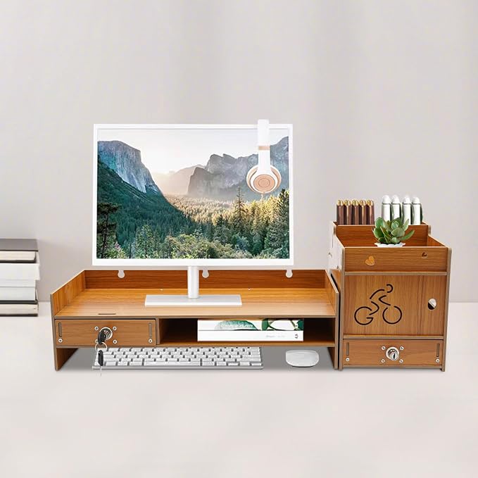 Desktop Monitor Stand, Computer Monitor Stand for Desk, Monitor Riser with Drawer, Desk Monitor Stand Underneath Storage for Office (Cherry Wood Color) - Image 6