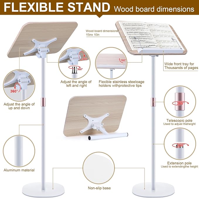 2 in 1 Dual-use Music Stand & Desktop Book Stand, Adjustable Height 16.5"-51", 100% Solid Wood Laptop Floor Stand Book Holder with Elastic Page Clips for Cookbooks (White) - Image 2